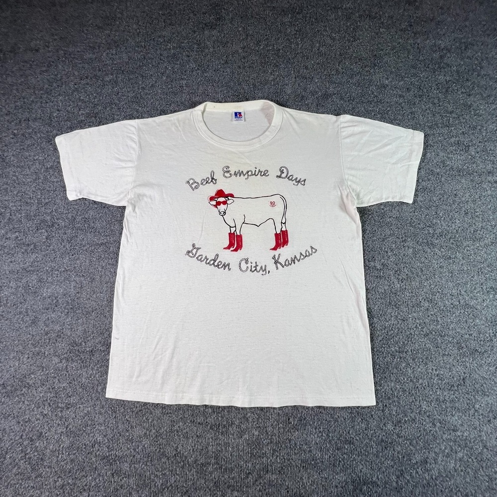 Vintage Russell T-Shirt Men's L White "Beef Empire Days Garden City Kansas"